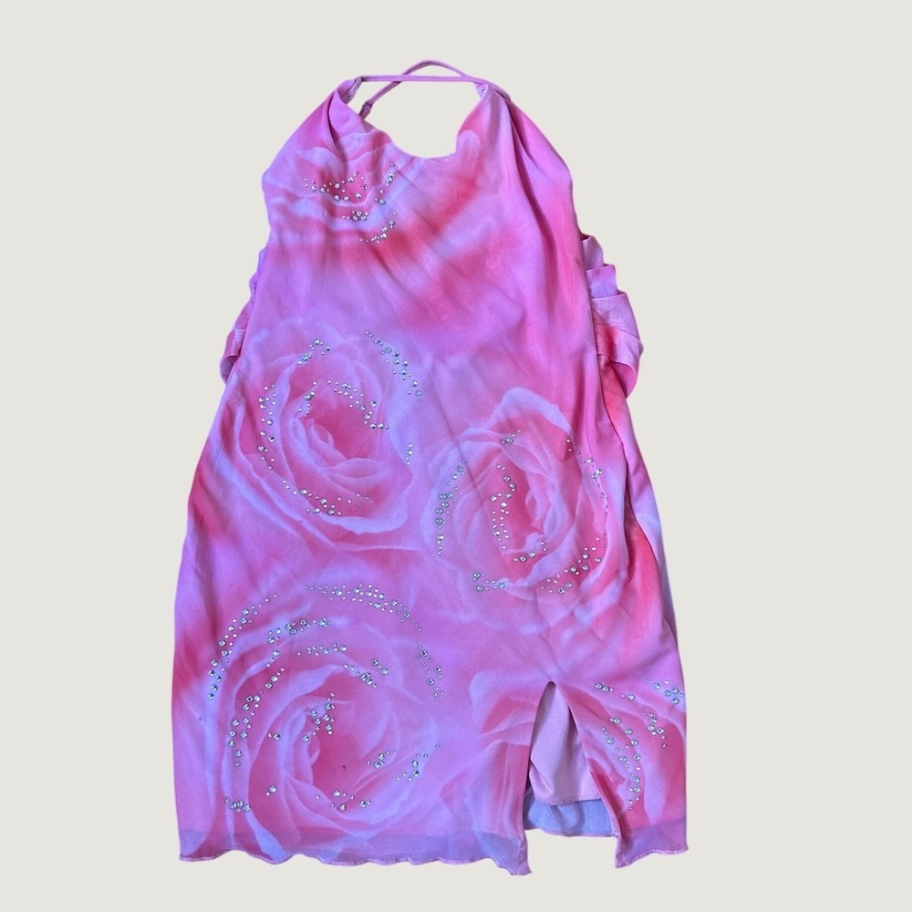 Oh Polly Pink Rose Print Rhinestone Mini Dress Women Pink Y2K Halter SIZE 4